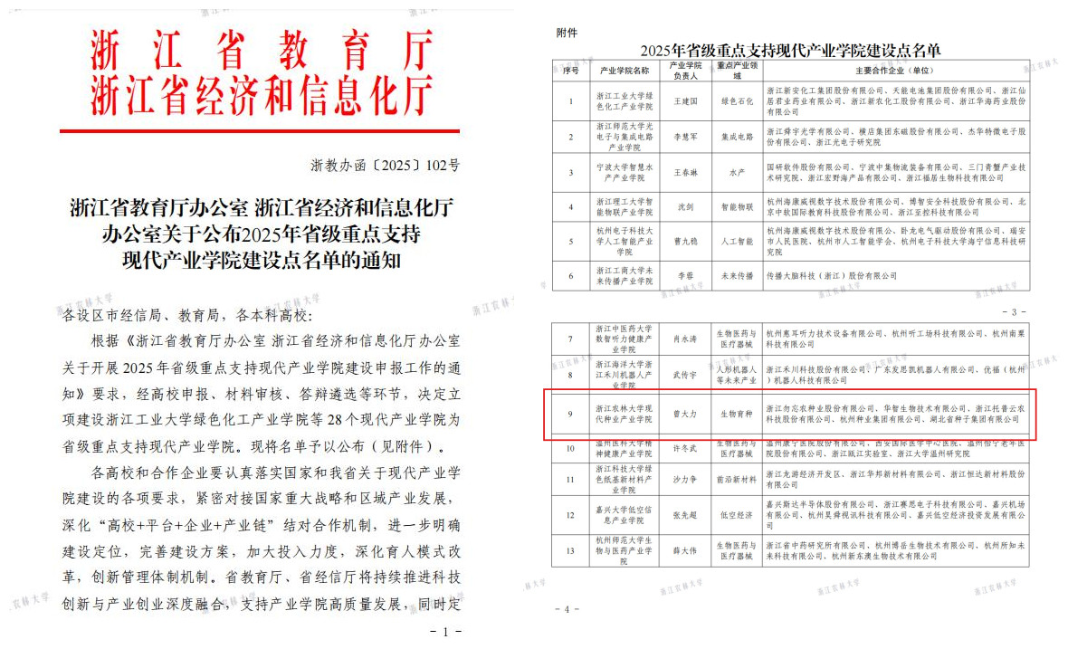 浙江农林大学现代种业产业学院获批省级重点支持现代产业学院